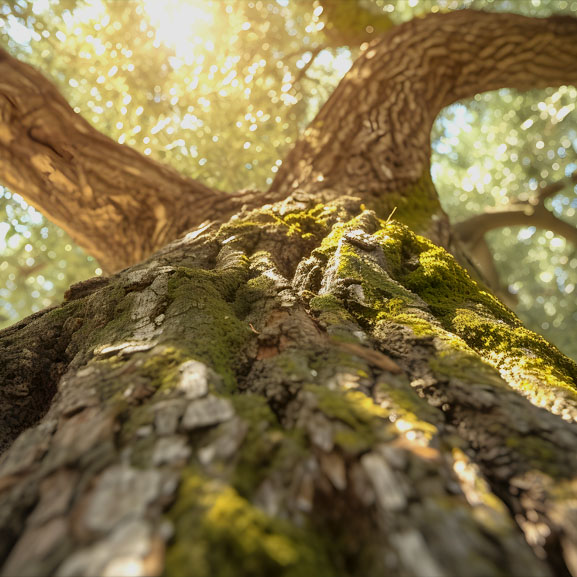 Looking up the trunk of a great tree, branches reaching up into the sky